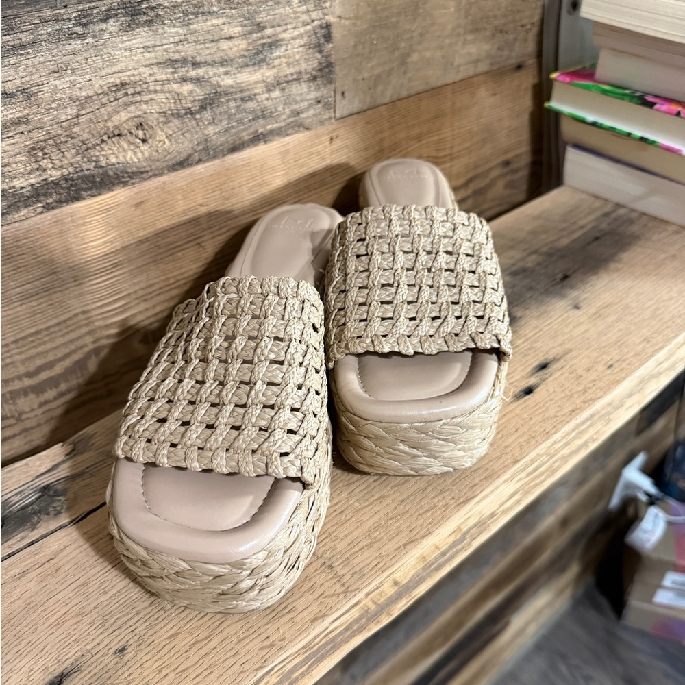 Marc Fisher Beige Woven Platform Slide Sandals